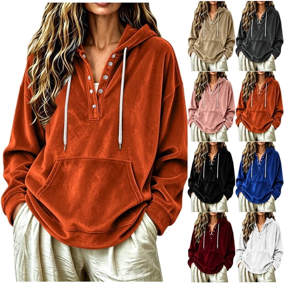 SEROYE Women's Velvet Sweatshirt Button Hoodie with Pockets Loose Fit Casual Fall Winter Long Sleeve Pullover Tops (L, Khaki)