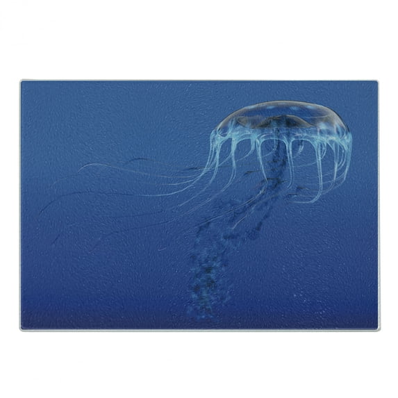 Jellyfish Cutting Board, Blue Spotted Jelly Fish Aquarium Life Marine Animals Ocean Predator in the Deep Water, Decorative Tempered Glass Cutting and Serving Board, Small Size, Blue, by Ambesonne