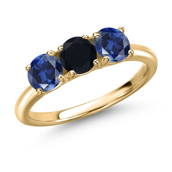 Gem Stone King 10K Yellow Gold Black Onyx and Blue Created Sapphire Engagement Ring for Women | 1.68 Cttw | Round 5MM | Gemstone December Birthstone | Size 5