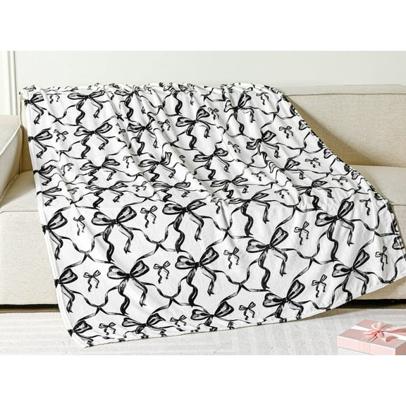 Black Bow Throw Blanket Preppy Blanket Coquette 50" x 60" Flannel Soft Cute Bow Decor Lightweight Aesthetic Plush Room Decor for Sofa Couch Travel Bed Christmas Halloween Decoration