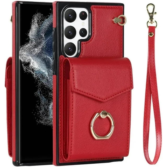 HCTian pour Samsung S21 FE Étui Portefeuille en Cuir Multi-Cartes avec Lanière et Anneau Rabattable