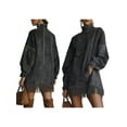 thumbnail image 2 of Women'S High Neck Suede Retro Long Sleeve Dress with Fringe Trim and Pockets Loose Fit Black XL, 2 of 8