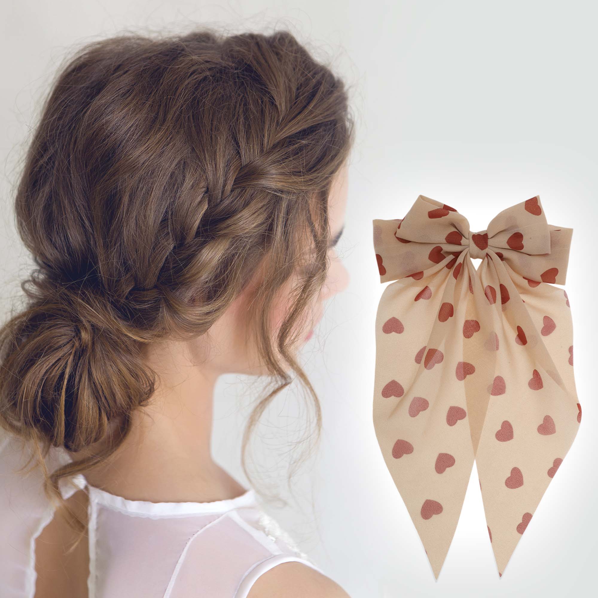 Unique Bargains Cute Heart Shaped Printed Bow Ribbon Spring Hair Clips Dark Red White Pink 3 Pcs