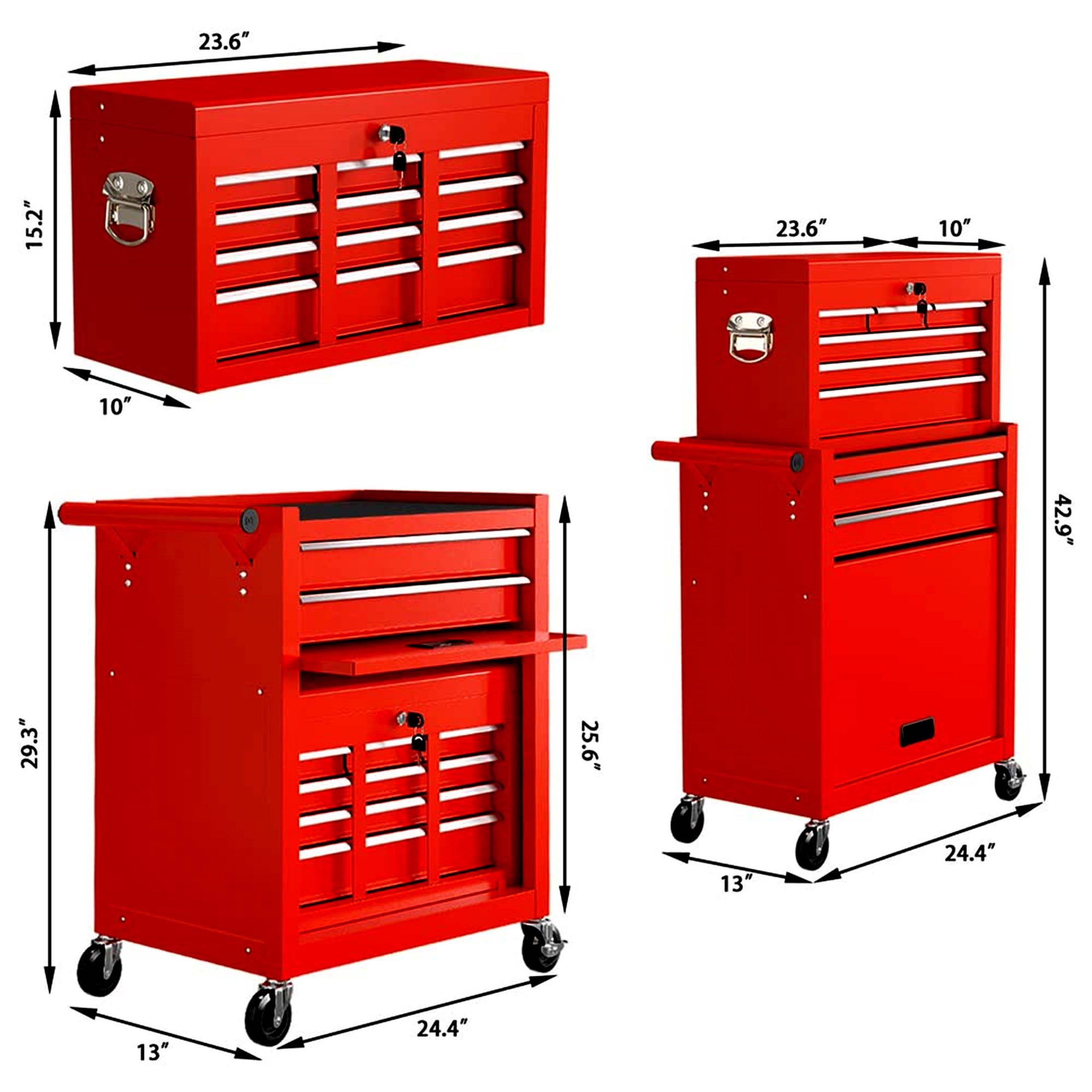 Aukfa Tool Chest, 2in1 Steel Rolling Tool Box & Cabinet On Wheels for Garage, 8-Drawer, Red