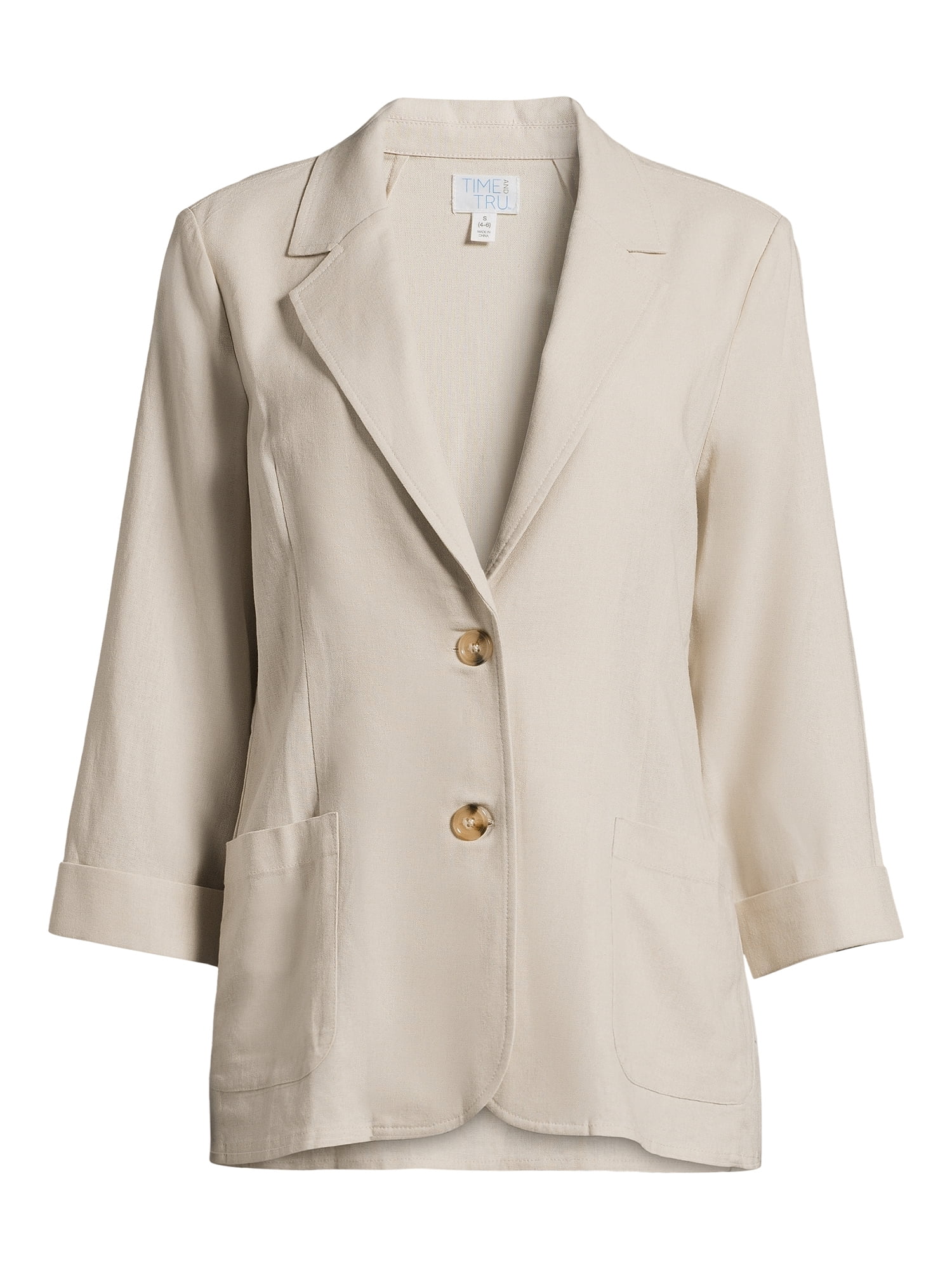 Time and Tru Women’s Linen-Blend Button Front Blazer with Patch Pockets, Sizes S-XXXL