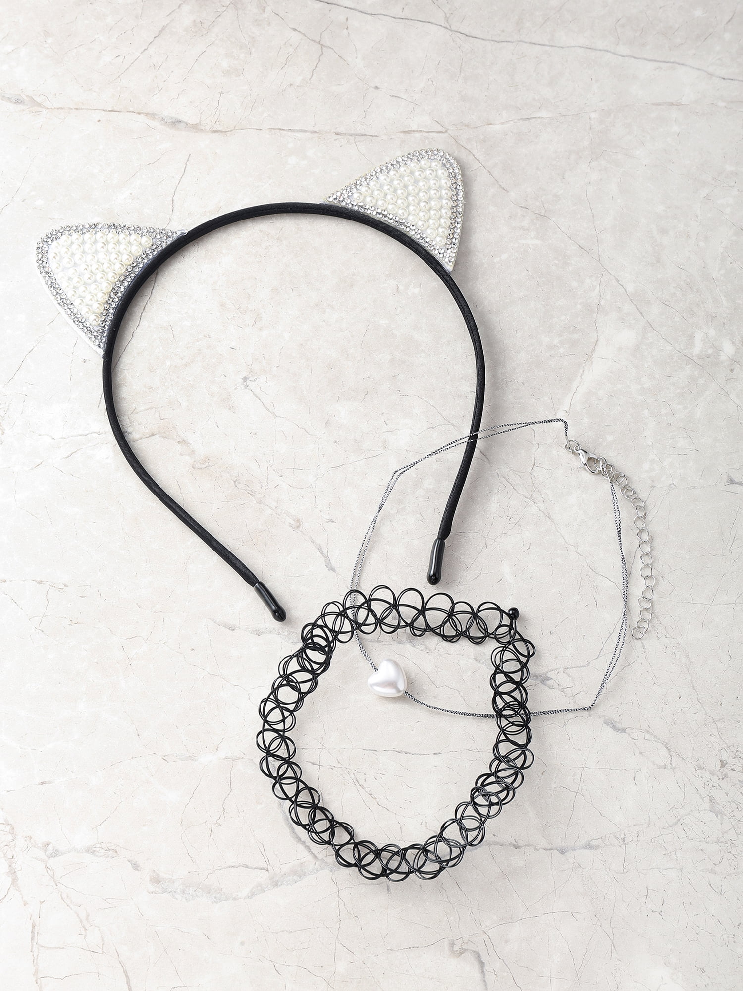 Wonder Nation Girls 3 PC Pearl and Rhinestone Cat Ear Headband and Choker Necklace Set, Black