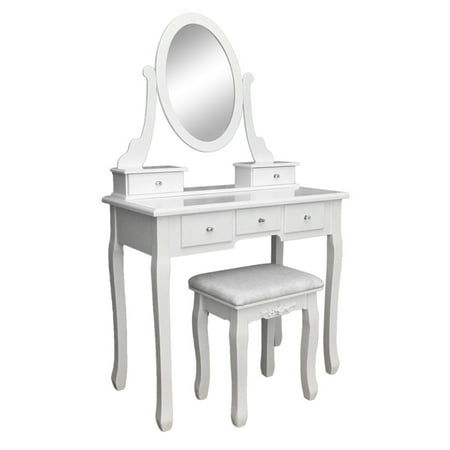 360 Degrees Rotation Single Mirror 5 Drawers Dressing Table Bedroom Women Makeup Desk Stool