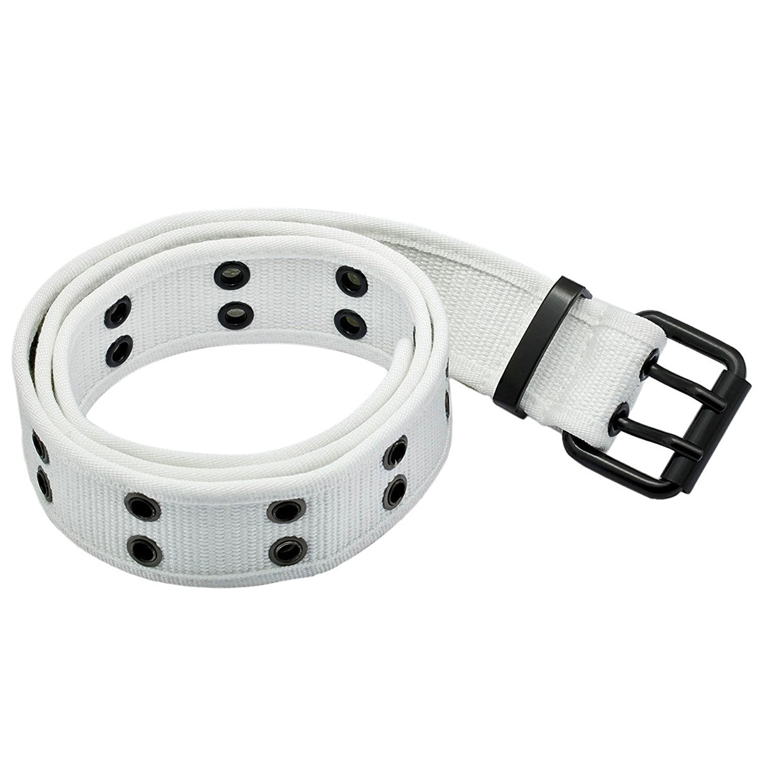 Double Hole Grommets Canvas Web Belt with Forged Black Buckle for Women 