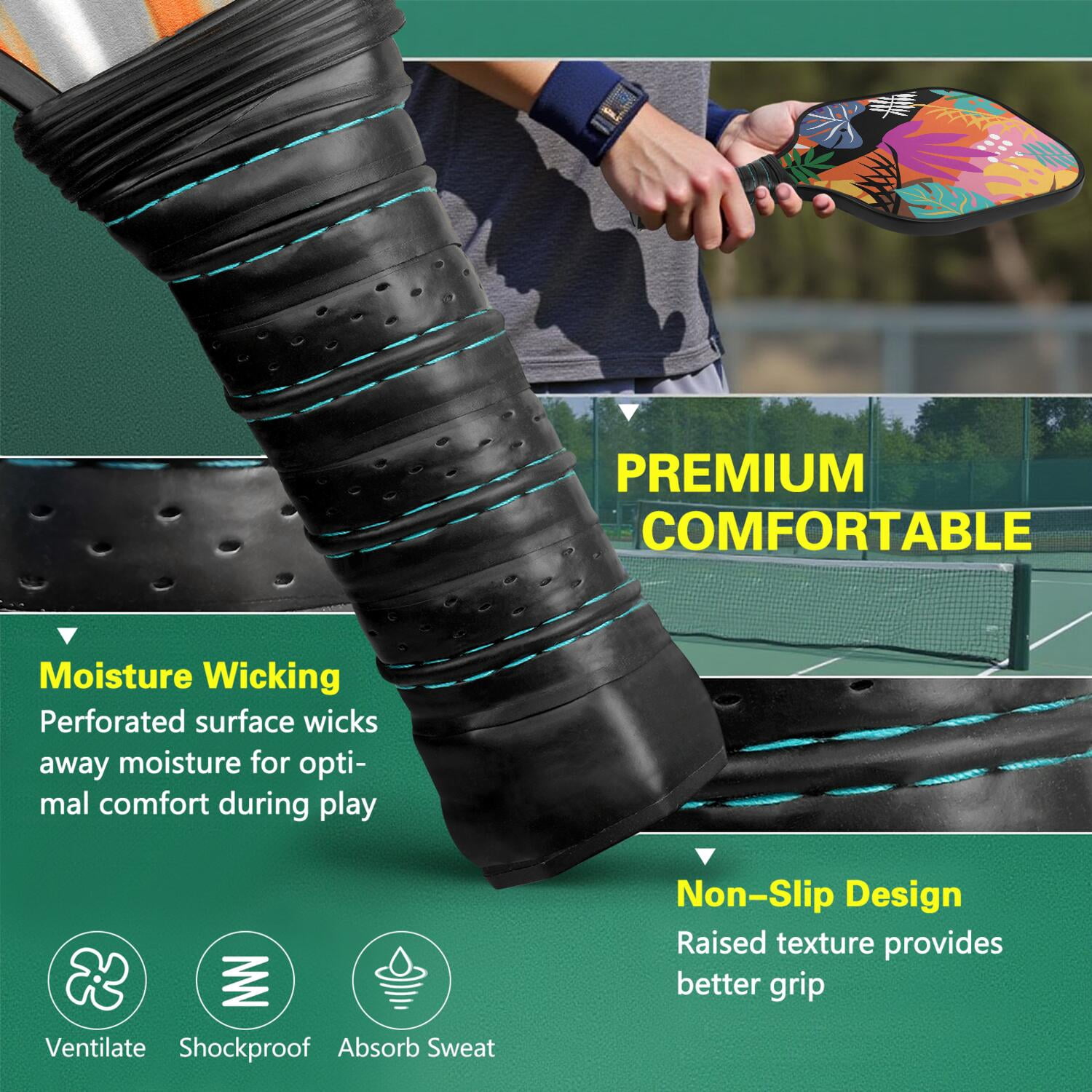 Pickleball Paddles Set Of 2, Fiberglass Surface, Tropical Jungle Print, 4 Balls & Bag