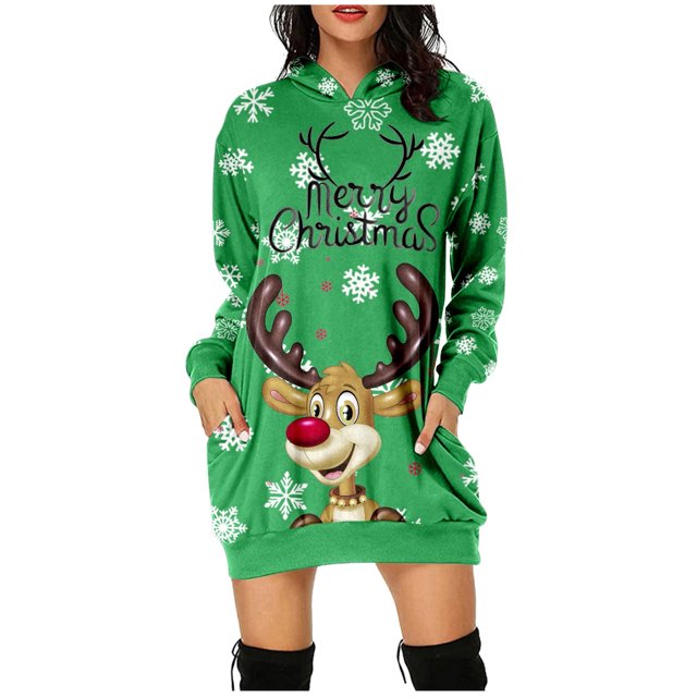 Kcodviy Robe Midi Longue à Enfiler Imprimée de Noël pour Femme, Chandail à Capuchon à Manches avec Poche, Robe d'Été pour Dame, Chandail à Capuchon, Robe Chandail pour Femme, Chandail à Capuchon