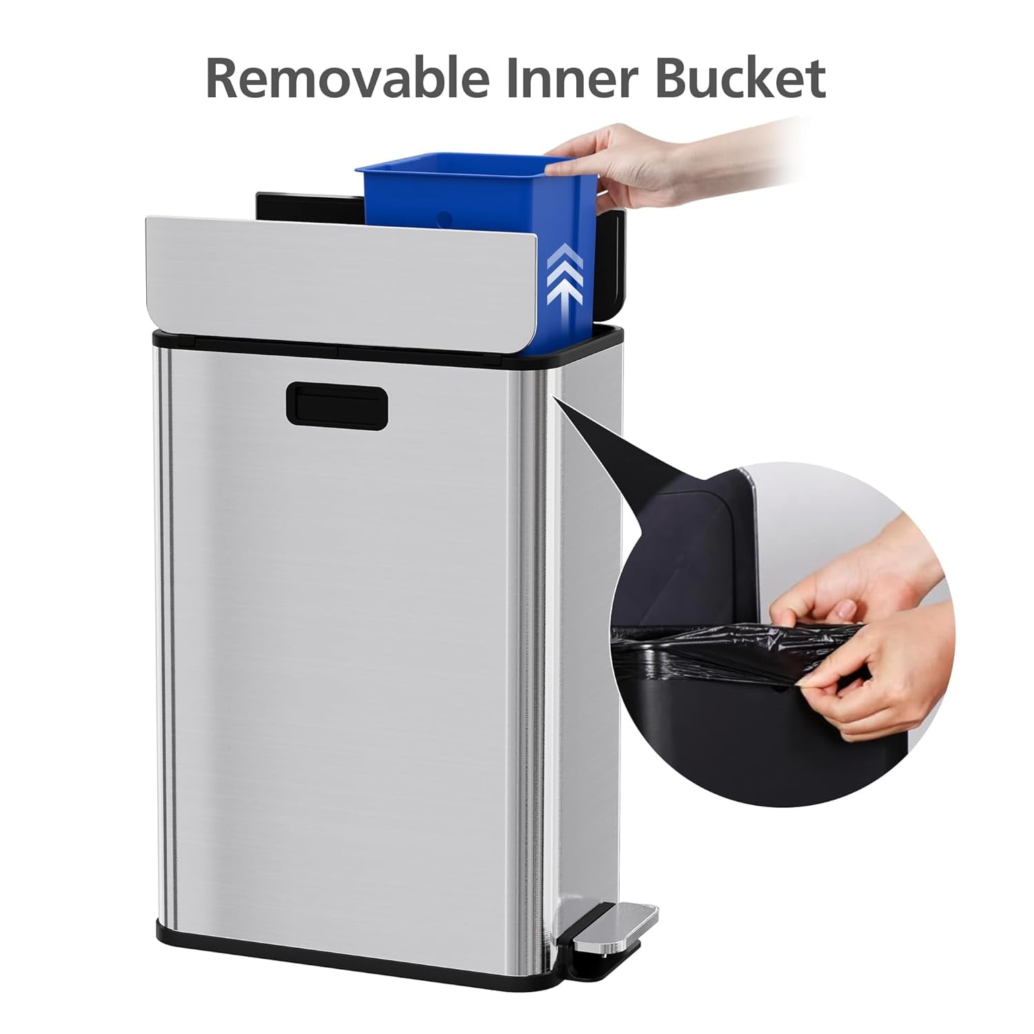 Garvee 14.79 Gallon Kitchen Step Trash Can with Lid, 2 Inner Bucket Waste & Recycling, Silver