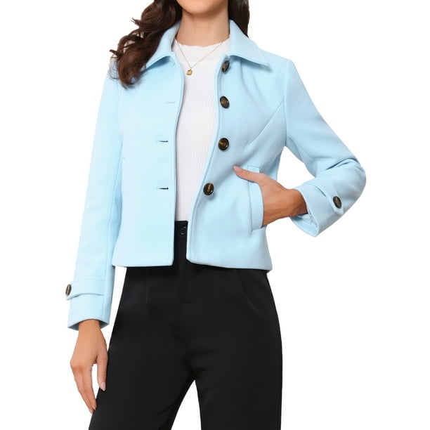 REFINED ATTIRE Abrigo corto de mujer con solapa, cierre de botón de un solo pecho, color azul claro, talla XL