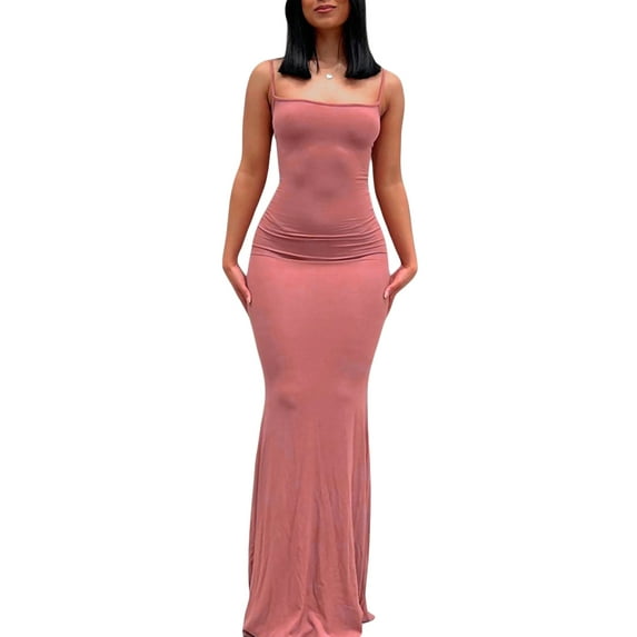 Douhoow Women Long Dress Sleeveless Fish Tail Dress Solid Color Spaghetti Strap Bodycon Long Dress
