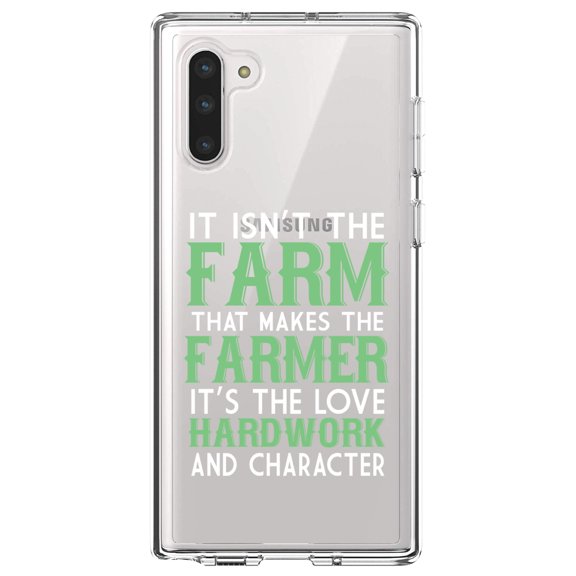 DistinctInk Clear Shockproof Hybrid Case for Samsung Galaxy Note 10 (6.3" Screen) - TPU Bumper Acrylic Back Tempered Glass Screen Protector - Hard Work & Character Make the Farmer