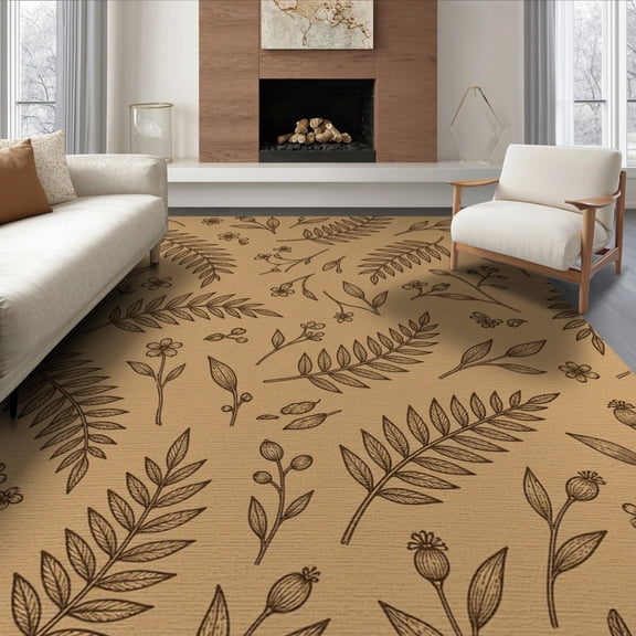 ODIKA 8'x10' Beige Botanical Fern Leaf Estate Washable Area Rug Hand Drawn Wildflower Stems Branches Scattered Nature Illustration for Dining Room, Large Office, Lounge, Non-Slip Chair-Friendly Mat