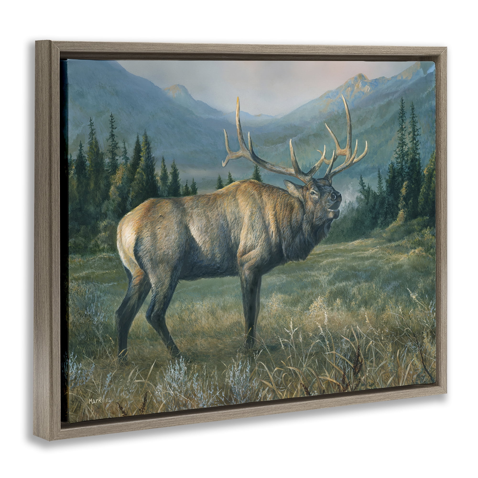 Stupell Industries Powerful Elk in Field Animals Painting Brown Floater Framed Canvas Art Print Wall Art, 31 x 25