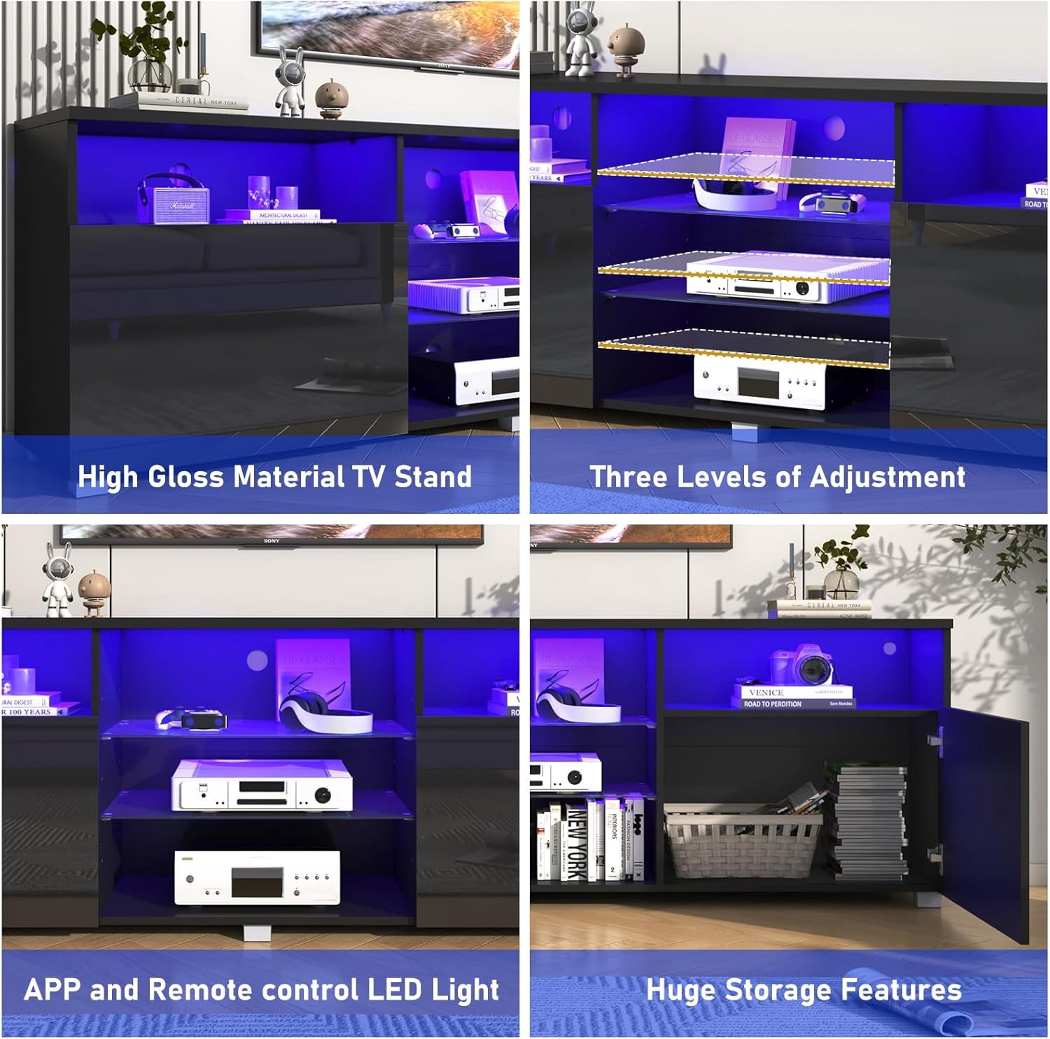 ChVans LED TV Stand for 70/75/80 inch, High Glass Modern Entertainment Center with LED Lights and Glossy Cabinets