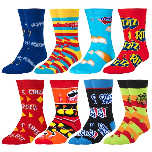 Crazy Socks, Fun Socks for Men Women, Snack Food & Candy, 8 Pair Crew, Large