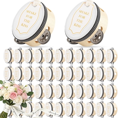 Strafriture 48 Set 4 Inch Tambourine for Hand Held Drum with Gift Tags & White Printed Ribbon Percussion Gift Musical Instrument for Church Wedding Party Favor