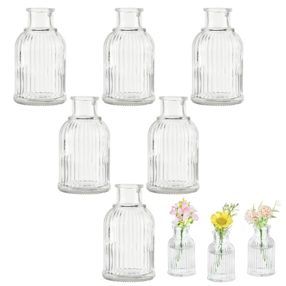 6pcs Small Glass Vase, Ribbed Embossed Bud Vase, Wedding Centerpiece Mini Glass Bottle, Family Party Table Decoration