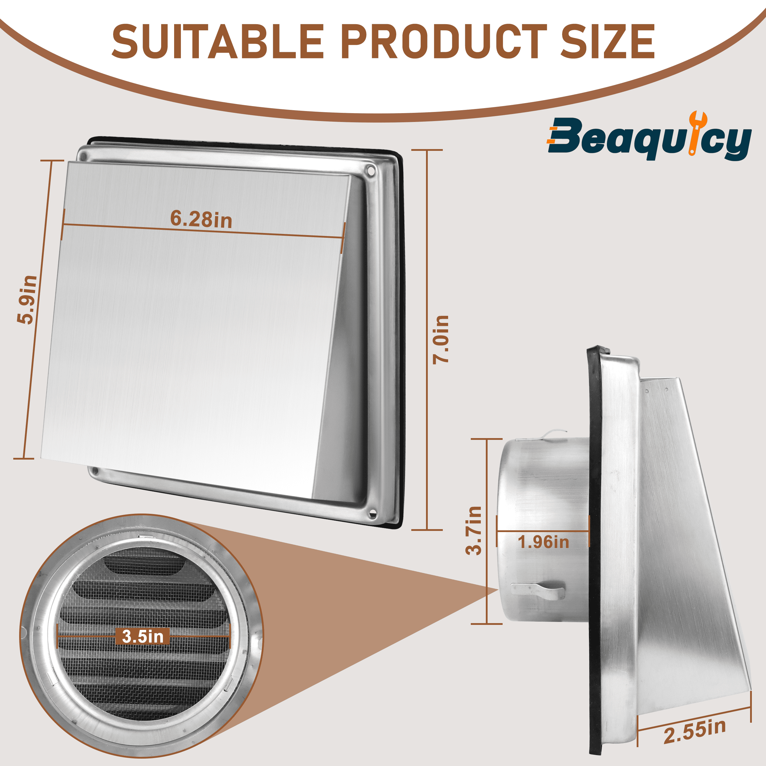 Beaquicy 4 Inch Square Stainless Steel External Vent Cover with Screws for Wall Ventilation