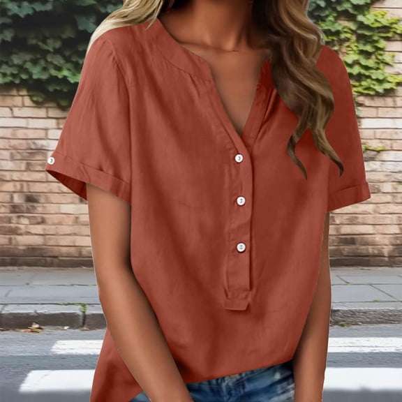 Womens Button Down Shirt Short Sleeve Blouse V Neck Dressy Casual Business Work Tops Orange S