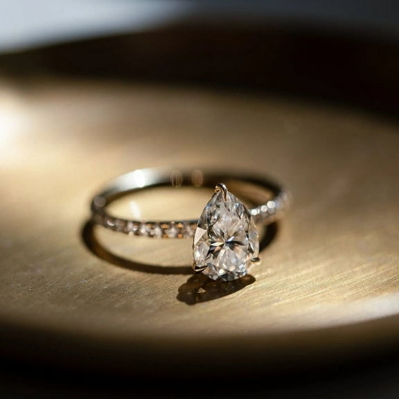 SOLITAIRE JEWELS 2CT Pear Cut Moissanite Hidden Halo Engagement Ring Solid 10K Yellow Gold