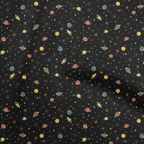 oneOone Polyester Spandex Black Fabric Kids Space Craft Projects Decor Fabric Printed By The Yard 56 Inch Wide
