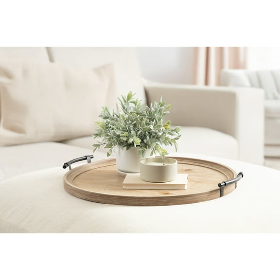 Kate and Laurel Bruillet Farmhouse Wood Round Ottoman Tray, 24 x 22, Rustic Brown, Circle Coffee Table Tray for Living Room Decor or Large Serving Tray