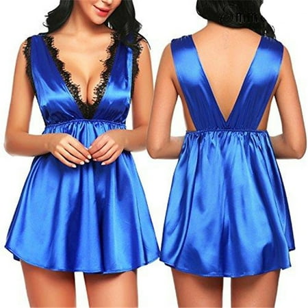 

QWERTYU Satin Teddy Sleepwear for Women Eyelash Nightgown Babydoll Sexy Full Slip Chemise Blue S