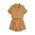 thumbnail image 4 of Summer Button Linen 2 Piece Outfits Womens Short Sleeve Collared Shirt with High Waist Pocket Shorts Beach Vacation Sets Khaki 3XL, 4 of 9