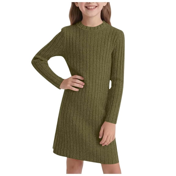 vigerkar Girls Long Sleeve Knit Ribbed Dress Kids Casual Crewneck A-Line Trendy Spring Dress Comfort Soft School Dance Dresses (AG, 11-12 Years)