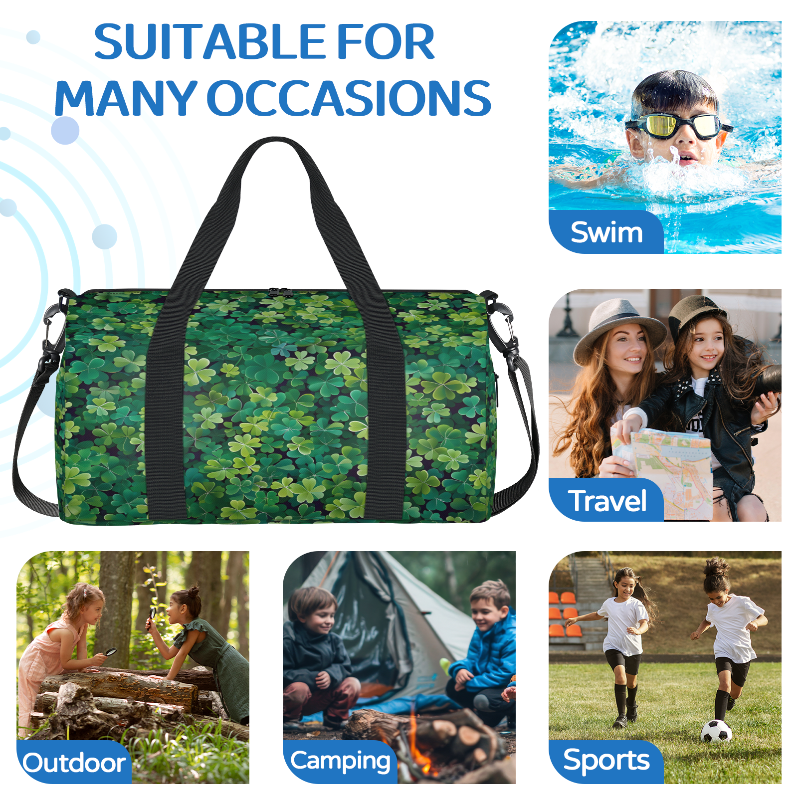 Herdesigns St. Patricks Day Green Irish Clover Gym Bag for Women, Duffle Bag for Travel Sport, Lightweight Waterproof Carry on Weekender Overnight Dance Yoga Workout Bags