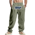thumbnail image 1 of Pantalones largos para hombre, holgados, informales, de lino, de color liso, con bolsillo bordado, cordón ajustable y cintura elástica, de poliéster., 1 of 9
