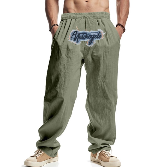 Pantalones largos para hombre, holgados, informales, de lino, de color liso, con bolsillo bordado, cordón ajustable y cintura elástica, de poliéster.