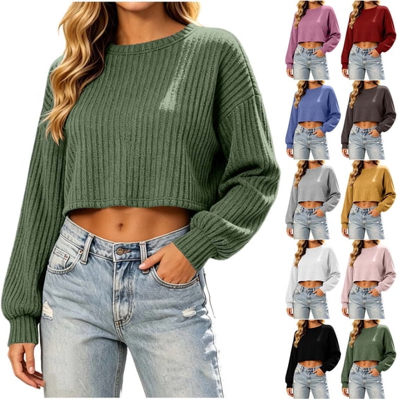 Ribbed Crop Tops for Women Spring Fall Trendy Crewneck Sweatshirt Light Casual Loose Fit Pullovers (XL, Green)