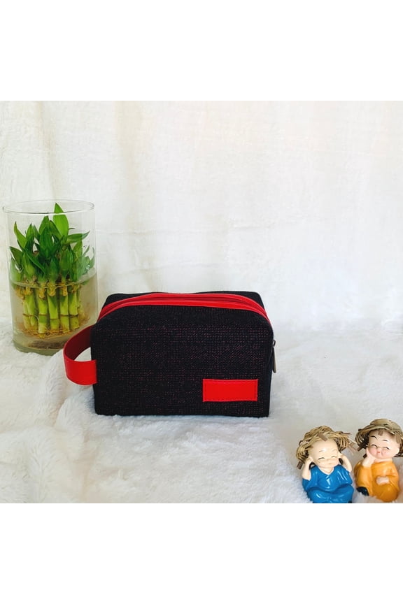 Unisex Compact Collapsable Leather & Tweed Red Toiletry Kit/ Dopp kit