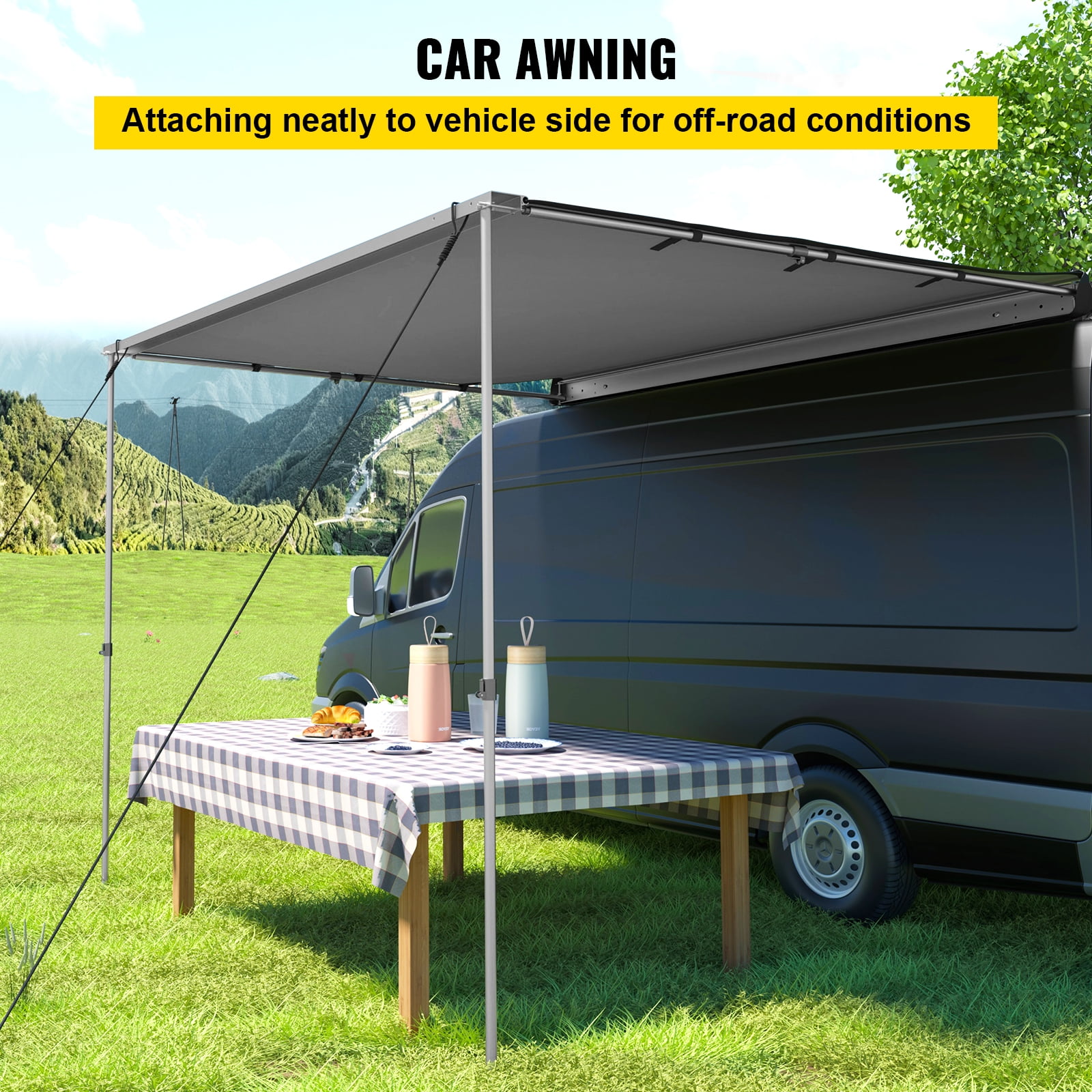 VEVOR Car Side Awning 5'x8.2' Telescoping Poles Trailer Sunshade Rooftop Tent w/ Carry Bag for Jeep/SUV/Truck/Van Outdoor Camping Travel Grey Pull-Out Retractable Vehicle Awning Waterproof UV50+ 