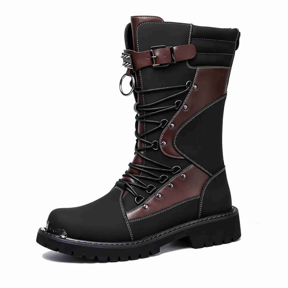 Men’s High-Top Combat Boots with Metal Toe Cap & Adjustable Buckle – Rugged Lace-Up Biker Boots for Fall/Winter