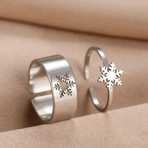 Anillos de acero inoxidable con forma de copo de nieve para mujer sortija ajustable a la moda de Navidad para pareja joyeria para fiesta de boda regalos a juego 2 unids set