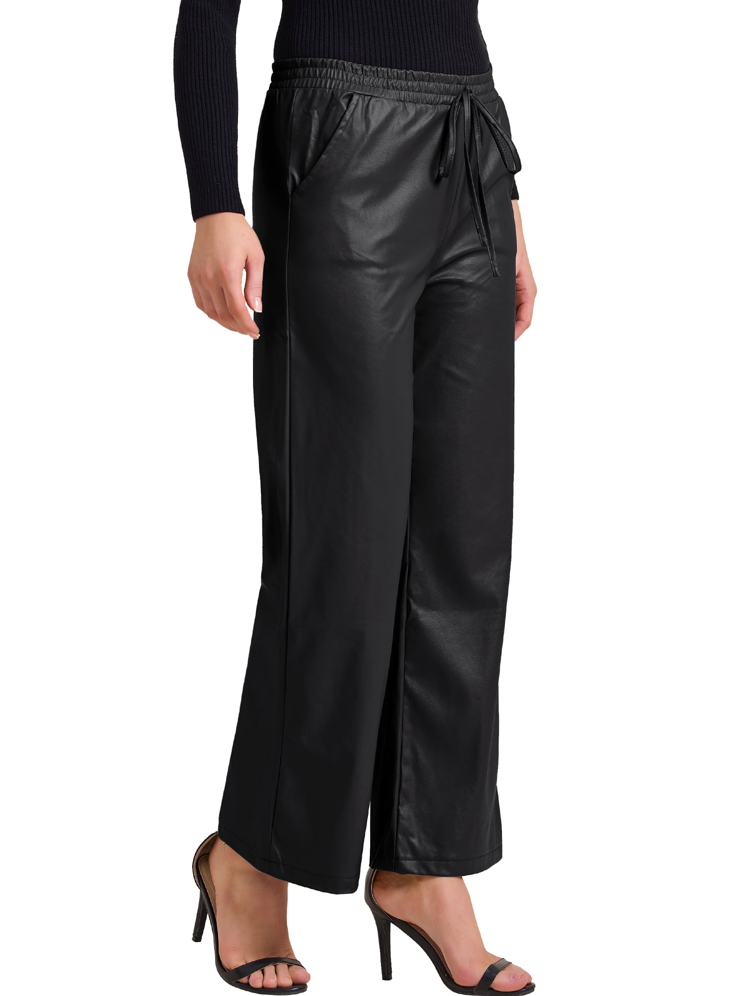 INSPIRE CHIC Women's Faux Leather Pants High Waist Straight Leg Pant Trousers with Pockets Party Outfit XS Black