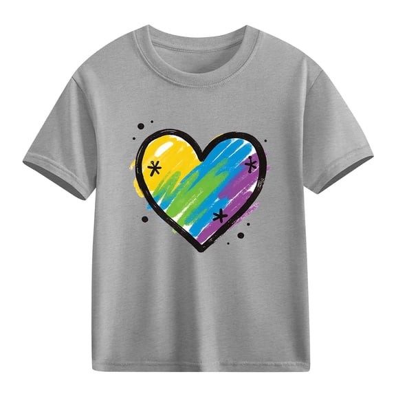 Girls Valentine's Day T-Shirt | Kids Rainbow Heart Print Short Sleeve Cotton Tee | Casual Graphic Top for Kids Little Kid Gray,Size 7 T