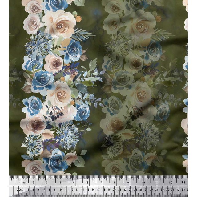 Soimoi Green polyester Crepe Fabric Grandiflora Roses Floral Print Fabric by Yard 52 Inch Wide