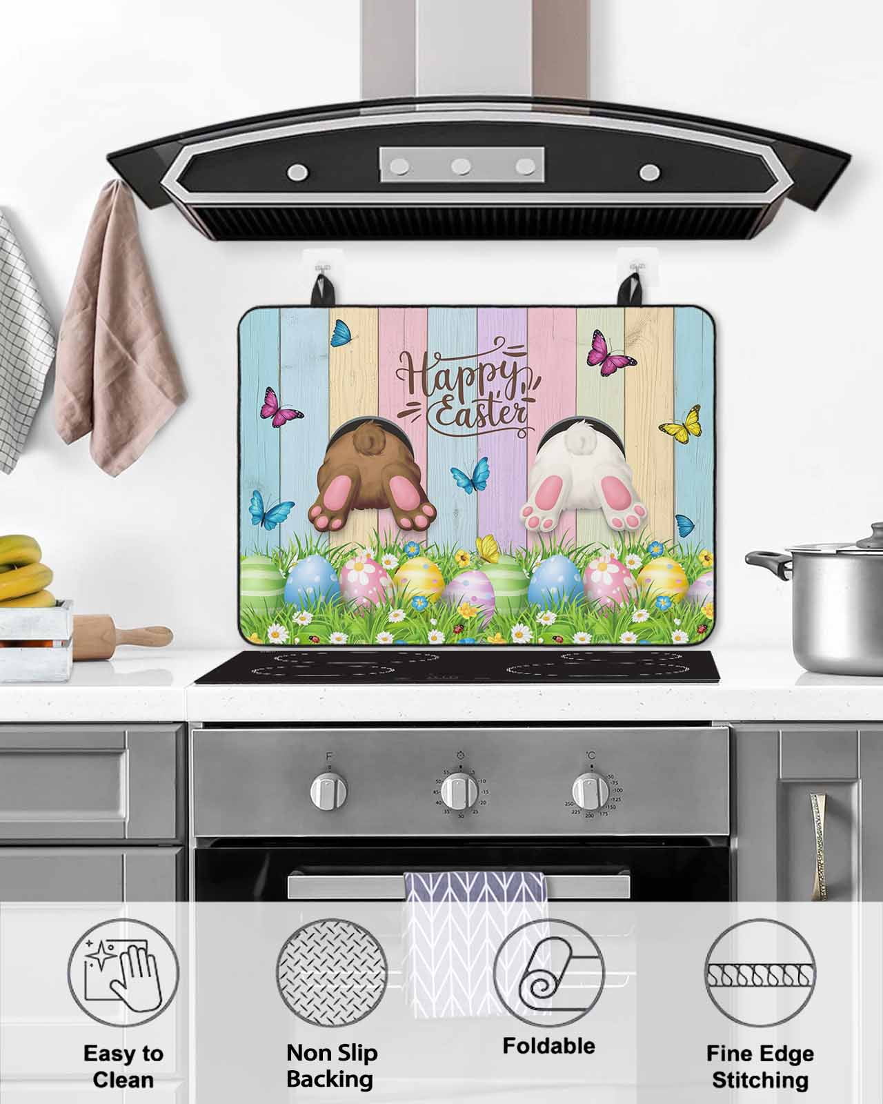 Large Induction Cooktop Protector Mat Easter Stove Top Covers for Electric Stove, Spring Easter Eggs Bunny Colorful Wooden Grain Decorative Stove Burner Cover Mats, Glass Top Stove Cover