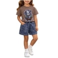 thumbnail image 2 of SGFCWSX Girls 2 Piece Outfits Summer Graphic Short Sleeve T Shirt Elastic Waist Denim Shorts Set for Kids Coffee Size 12M, 2 of 6