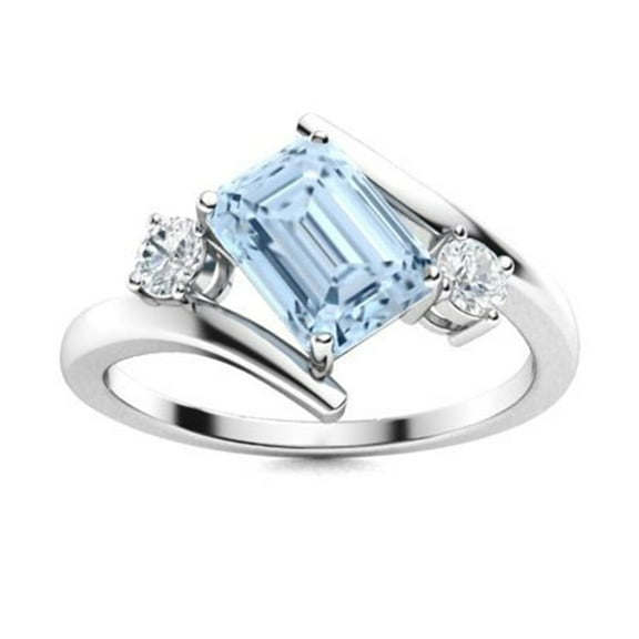Bypass Side Stone 6X4 MM Radiant Cut Aquamarine 925 Sterling Silver Ring