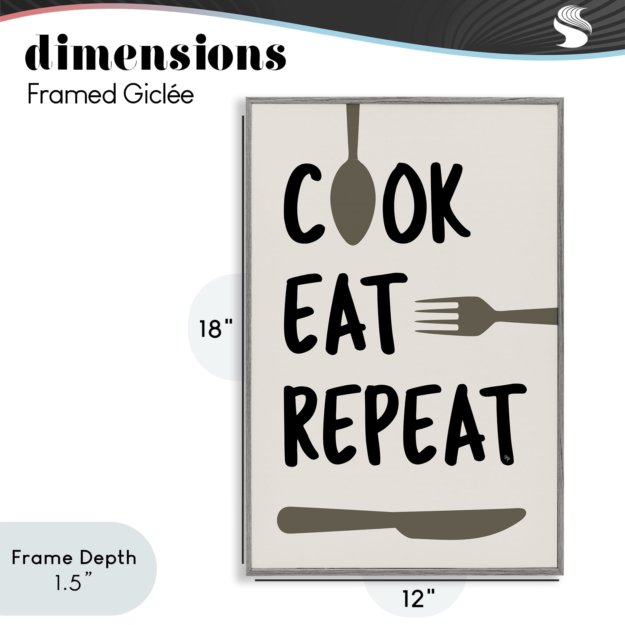 Stupell Industries Cook Eat Repeat with Utensils Gray Framed Giclee Art, design by Martina Pavlova