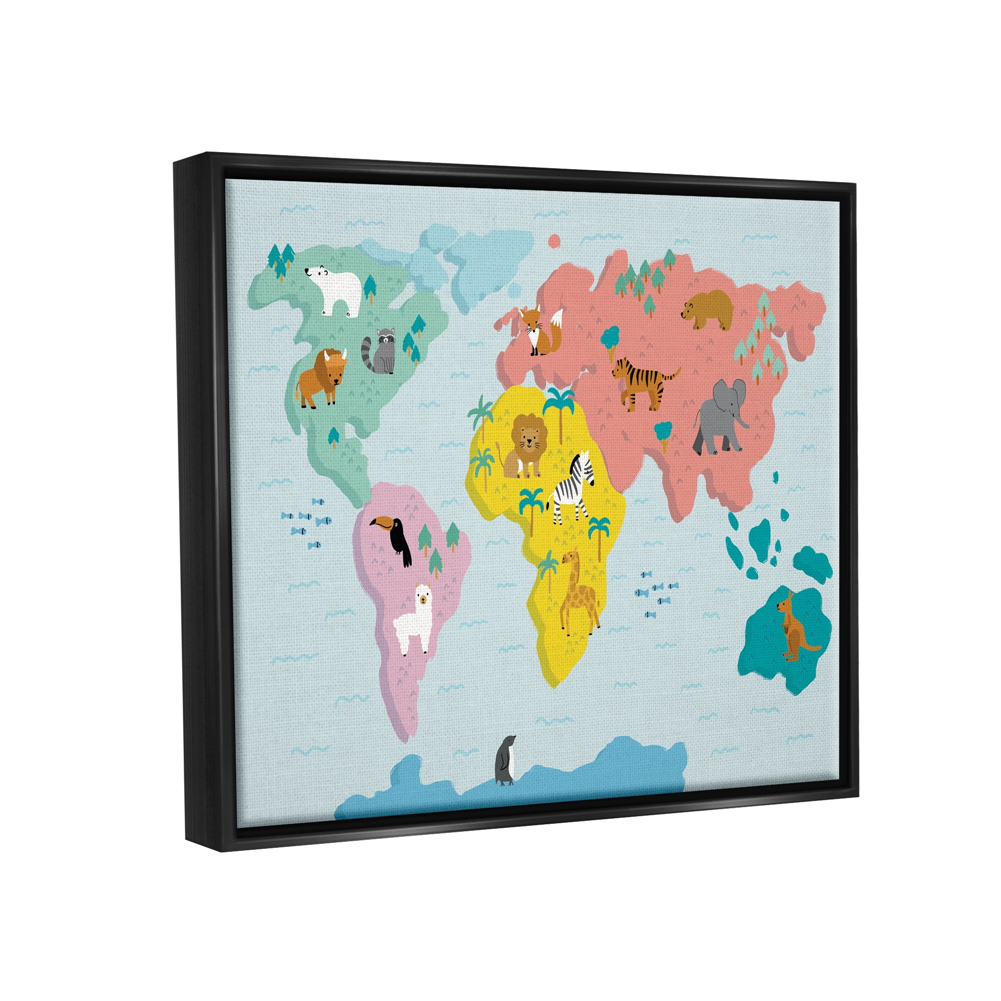 Stupell Industries Whimsical Wildlife World Map Travel & Places Painting Black Floater Framed Canvas Art Print Wall Art, 21 x 17