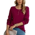 thumbnail image 1 of Blusa con botones en la parte delantera, cuello redondo, manga larga, color puro, informal, suelta, con botones suaves, para mujer, color rojo vino XXL, 1 of 7