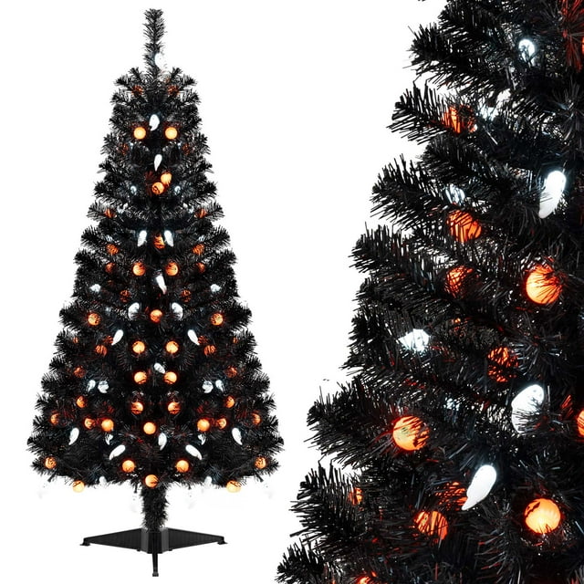 Costway Árbol artificial de Halloween de 135 cm con 281 puntas de ramas 65 luces de calabaza naranjas